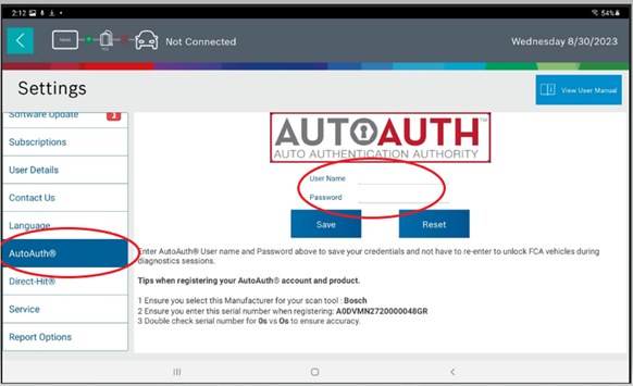 AutoAuth Credentials - for users with an AutoAuth account, save time by storing your AutoAuth credentials in your tool software settings to avoid having to re-enter each time when unlocking FCA / Stellantis vehicles