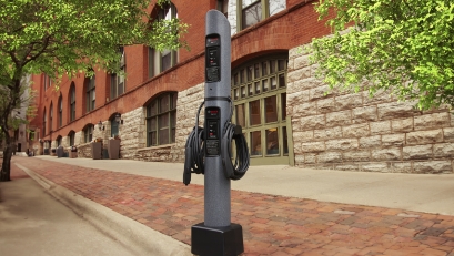 The weatherproof Bosch EV800 Series Bollard uses a fully-sealed enclosure to provide reliable charging in any condition.