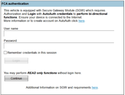 After selecting an SGW model, you will be prompted for AutoAuth credentials for bi-directional functions. For read-only functions, select Continue, no credentials required.