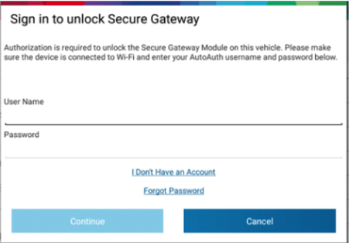 Upon entering a valid username and password, select 'Continue'. Your credentials and diagnostic tool are now authenticated online, and ready to unlock the SGW!